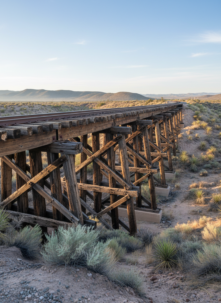 A meticulously detailed photographic realism image of a weathered wooden railroad trestle bridge crossing a dry arroyo in Southern New Mexico, the sun-faded timbers streaked with rust where iron bolts anchor the beams. Sparse desert vegetation—sagebrush, yucca, and low grasses—hugs the embankments, while distant foothills rise hazily beyond. Early-morning soft sunlight casts long, cool shadows from the trestle’s supports, emphasizing the geometric pattern of cross-braces and rails. Shot at a three-quarter angle from slightly below track level, the composition uses leading lines of rails disappearing into the distance, evoking a mood of quiet endurance and the bygone era of rail expansion, freight, and passenger travel that once connected remote communities in Otero County.