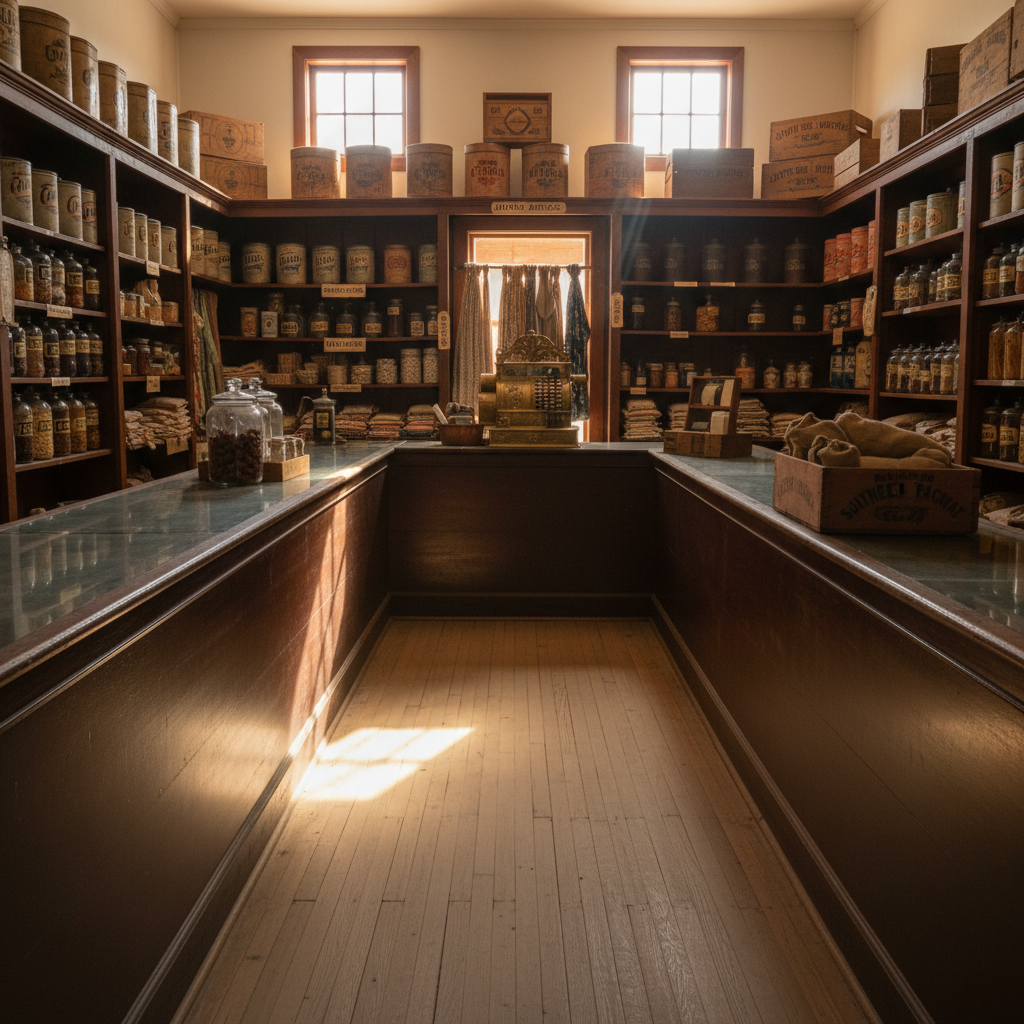 A photographic realism interior of a small historic mercantile in Southern New Mexico, carefully staged without people, with long, dark-wood counters worn smooth by decades of use. Shelves behind the counter are lined with era-appropriate goods: tin coffee canisters, glass jars with hand-lettered labels, folded calico fabrics, and wooden crates stamped with faded railroad logos. A brass cash register sits center frame, its ornate detailing catching the warm glow from high clerestory windows. Late-afternoon sunlight filters through, dust motes visible in the beams, casting gentle, nostalgic shadows across the plank floor. Shot at eye level with moderate depth of field, the composition guides the viewer’s eye down the aisle, evoking the everyday commerce and small-town businesses that shaped Otero County’s communities.
