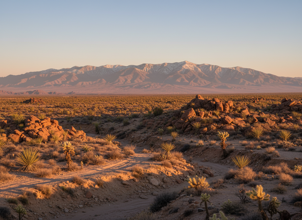 A wide, panoramic photographic realism view of Southern New Mexico’s desert basin and surrounding Sacramento Mountains, with layered ridgelines leading toward distant snow-dusted peaks. The foreground features sun-bleached yucca plants, scattered cholla cactus, and rust-colored rocks, with faint wagon ruts barely visible in the sandy soil. Late-afternoon golden light grazes the terrain, carving sharp shadows into arroyos and emphasizing the textures of rock and scrub. Above, a vast, pale blue sky fades toward warm peach near the horizon. Shot from a slightly elevated vantage point with deep focus, the composition follows the rule of thirds, evoking a grand, contemplative mood that hints at centuries of settlement, travel routes, and untold frontier stories anchored in this landscape.