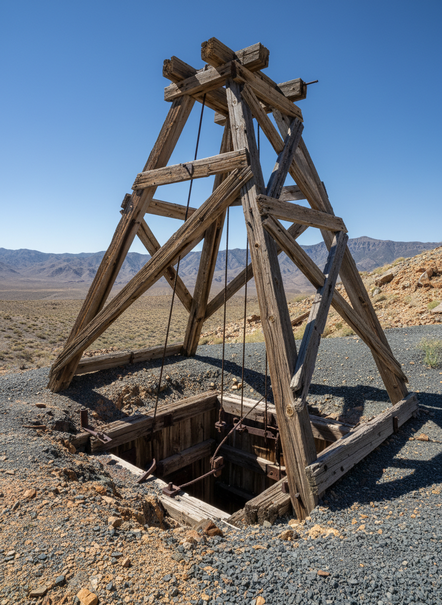 A photographic realism close-up of an abandoned wooden mine headframe perched on a rocky slope in the Sacramentos, its sun-bleached planks cracked and splintered, rusted steel cables hanging loose into a dark, gaping shaft. Surrounding the structure, tailings piles shimmer with hints of ochre, coppery green, and charcoal gray gravel. Harsh midday desert light beats down from a cloudless sky, creating stark contrasts and crisp, angular shadows that accentuate the precarious geometry of the headframe. Shot from a low-angle perspective, the camera tilts slightly upward to let the structure dominate the frame, with a shallow depth of field softening the distant ridges. The scene feels gritty and austere, capturing the boom-and-bust legacy of mining in Southern New Mexico.
