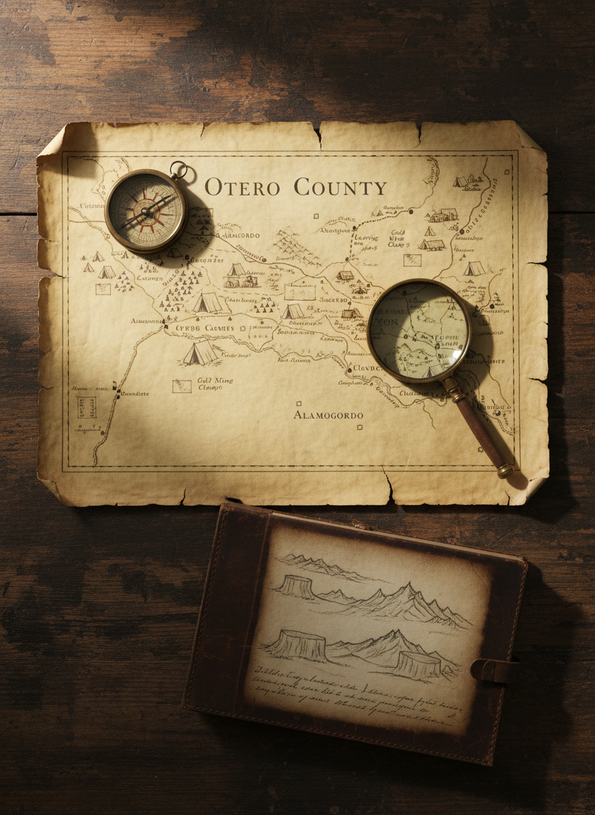 An old hand-drawn map of Otero County spread across a scarred wooden desk in photographic realism, its yellowed paper edges curled and frayed, inked with faint routes for railroads, logging camps, mining claims, and early townsites. Around the map lie a tarnished brass compass, a magnifying glass with slight scratches on the lens, and a leather-bound field notebook partially open to sketched mesas. Soft, diffused window light from the left casts gentle shadows and subtle highlights across the textured paper, creating an archival, scholarly atmosphere. Shot from a directly overhead, bird’s eye perspective with crisp focus, the composition feels orderly and professional, suggesting careful research into the region’s layered history of settlement, industry, and everyday life.